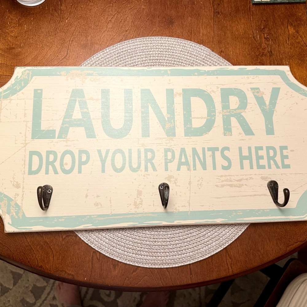 24x10in - Laundry Wall Sign with Hooks - Cream and Blue